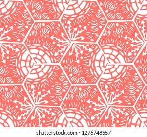 Underwater world. Hexagonal tiles. Seamless pattern. White and coral light colors