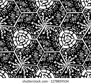 Underwater world. Hexagonal tiles. Seamless pattern. White and black colors