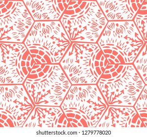 Underwater world. Hexagonal tiles. Seamless pattern. White and coral colors