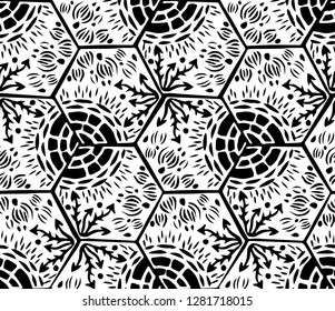 Underwater world. Hexagonal tiles. Seamless pattern. White and black light colors