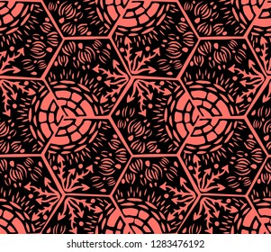 Underwater world. Hexagonal tiles. Seamless pattern. Black and coral colors
