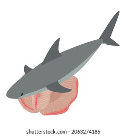 Underwater world icon isometric vector. Big gray shark and beautiful coral reef. Marine environment, sea animal
