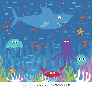 Underwater world illustration. Sea animals and fishes swimming near coral reef