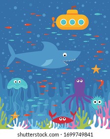 Underwater world illustration. Sea animals and fishes swimming near coral reef