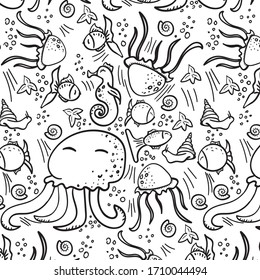 Underwater world illustration. Sea life. Seamless pattern on a white background. Vector under the sea, seahorse, octopus, fish, jellyfish