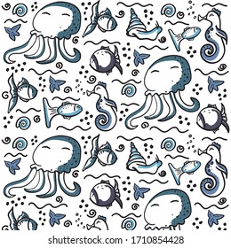 Underwater world illustration. Sea life. Seamless pattern on a white background. 