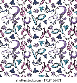Underwater world illustration. Sea life. Seamless pattern on a white background. Vector under the sea, seahorse, octopus, fish, jellyfish