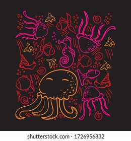 Underwater world illustration. Sea life.  Vector under the sea, seahorse, octopus, fish, jellyfish