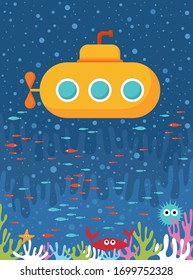 Underwater world illustration. Submarine swimming near coral reef