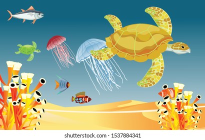 underwater world illustration vector. fish, turtles, jellyfish and coral reefs are beautiful and colorful