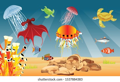 underwater world illustration vector. fish, turtles, jellyfish and coral reefs are beautiful and colorful
