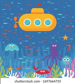 Underwater world illustration. Yellow submarine, srrea animals and fishes swimming near coral reef