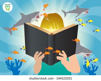 Underwater world imagination concept children reading story book, Vector illustration template design 
