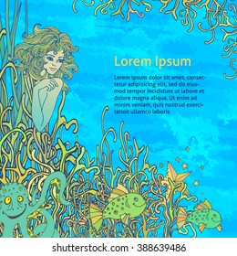 The underwater world and its inhabitants. Mermaid hiding among the corals and underwater plants and surrounded by fish.