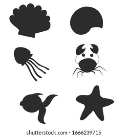 Underwater world inhabitants. Swimming fish. Sea fauna. Silhouette symbols. Vector isolated illustration. Shadows of marine life
