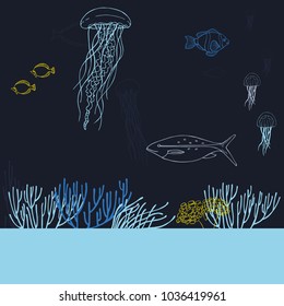 Underwater world. Jellyfish, fish and corals. Vector background