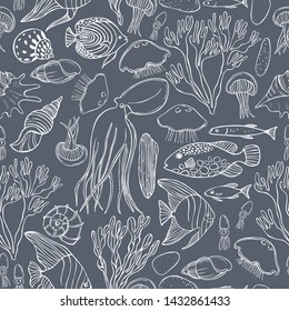 Underwater world, jellyfish, octopus, fish, shells, seaweed. Vector  seamless pattern.