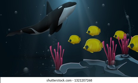 Underwater world with killer whale and yellow fish, vector illustration