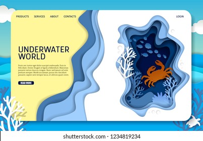 Underwater world landing page website template. Vector paper cut underwater sea cave with coral reef fish seaweed and crab.