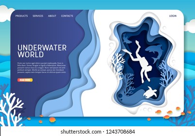 Underwater world landing page website template. Vector paper cut tropical underwater sea cave with coral reef fish seaweed and scuba diver swimming with sea turtle and sharks.