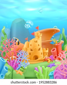 Underwater world landscape. 3d vector cartoon background. Plasticine art illustration