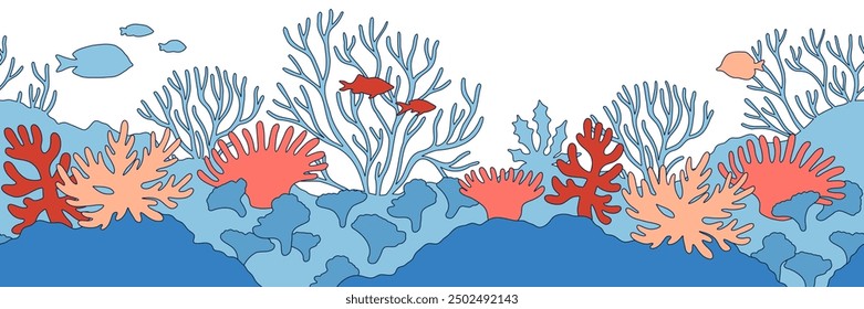 Underwater world landscape cute seamless border. Retro illustration. Sea ocean bottom wildlife on white background. Marine life scene horizontal banner with corals fish and seaweed. Editable stroke.