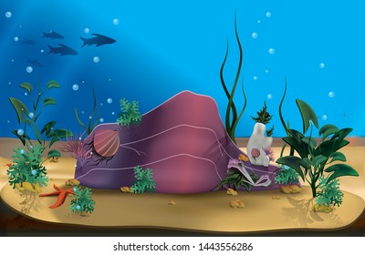 Underwater world landscape with different inhabitants. seabed with seaweed and coral reef, seascape horizontal, ocean bottom. Vector illustration
