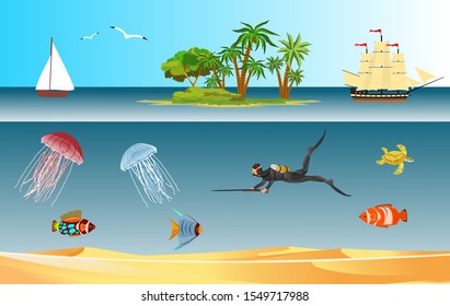 Underwater world landscape, diver hunts, fishes, tropical island, vector