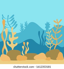 Underwater world, landscape with seaweed. the silhouette of the plants in a flat cartoon style. Hand-drawn vector illustration for the background, scenery of your project. place for text