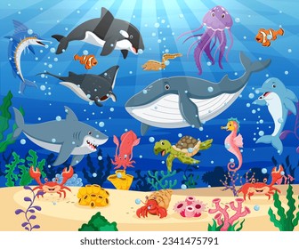 Underwater world life cartoon. Tropical fish cartoon with beautiful underwater world. Vector illustration