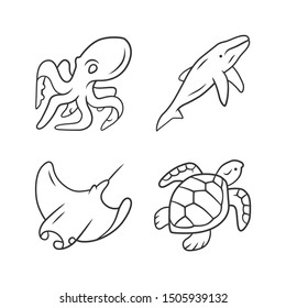 Underwater world linear icons set. Swimming octopus, squid, turtle. Ocean animals. Marine fauna. Aquatic creatures. Thin line contour symbols. Isolated vector outline illustrations. Editable stroke