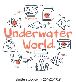Underwater world linear vector concept. Line art black icons on white background with red letters