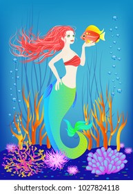 Underwater world, little mermaid, fishes, seashells plants and a pearl, vector illustration