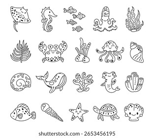 Underwater world marine animal and plant character set with in cute outline line art cartoon elements for your illustration and decoration and creative themed creative designs projects