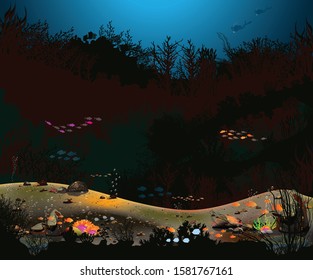 Underwater World - Marine Landscapes - Oceans and Underwater World, Rock and Anemone for printing, video or graphic design, web user interface, posters - Vector

