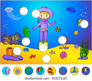 Underwater world and marine life: complete the puzzle and find the missing parts of the picture. Vector illustration. Educational game for kids