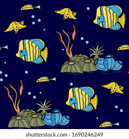 Underwater world, marine seamless pattern with fish, corals, shells, jellyfish. Coral reef,seaweed, aquarium, doodle hand drawing. For children's clothes, fabrics, wallpapers, packaging