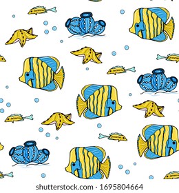 Underwater world, marine seamless pattern with fish, corals, shells, jellyfish. Coral reef, aquarium, doodle hand drawing. For children's clothes, fabrics, wallpapers, packaging