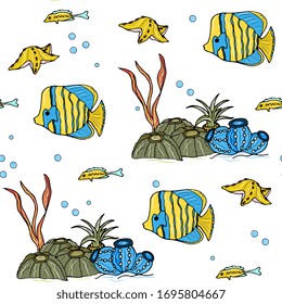 Underwater world, marine seamless pattern with fish, corals, shells, jellyfish. Coral reef, aquarium, doodle hand drawing. For children's clothes, fabrics, wallpapers, packaging