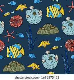 Underwater world, marine seamless pattern with fish, corals, shells, jellyfish. Coral reef, aquarium, doodle hand drawing. For children's clothes, fabrics, wallpapers, packaging