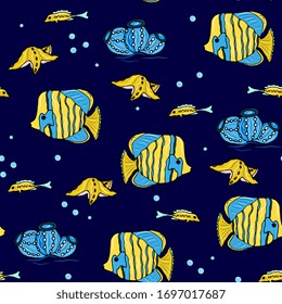 Underwater world, marine seamless pattern with fish, corals, shells, . Coral reef, aquarium, doodle hand drawing. For children's clothes, fabrics, wallpapers, packaging