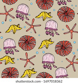 Underwater world, marine seamless pattern with  corals, shells, starfish, jellyfish. Coral reef, aquarium, doodle hand drawing. For children's clothes, fabrics, wallpapers, packaging