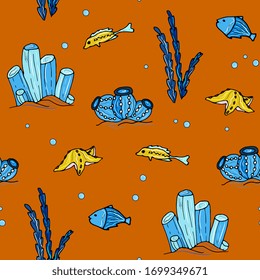 Underwater world, marine seamless pattern with fish, corals, shells, jellyfish. Coral reef, aquarium, doodle hand drawing. For children's clothes, fabrics, wallpapers, packaging