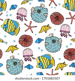 Underwater world, marine seamless pattern with fish, corals, shells, jellyfish. Coral reef, aquarium, doodle hand drawing. For children's clothes, fabrics, wallpapers, packaging