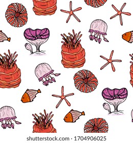 Underwater world, marine seamless pattern with fish, corals, shells, jellyfish. Coral reef, aquarium, doodle hand drawing. For children's clothes, fabrics, wallpapers, packaging