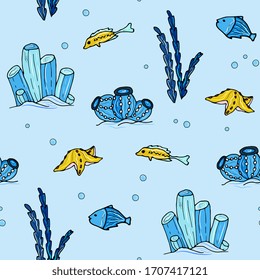 Underwater world, marine seamless pattern with fish, corals, shells, jellyfish. Coral reef, aquarium, doodle hand drawing. For children's clothes, fabrics, wallpapers, packaging