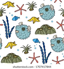 Underwater world, marine seamless pattern with fish, corals, shells, jellyfish. Coral reef, aquarium, doodle hand drawing. For children's clothes, fabrics, wallpapers, packaging