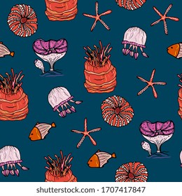 Underwater world, marine seamless pattern with fish, corals, shells, jellyfish. Coral reef, aquarium, doodle hand drawing. For children's clothes, fabrics, wallpapers, packaging