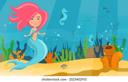 Underwater world of mermaid, fish and sea horses. Ocean floor with sand, corals, sea inhabitants and algae. Girl with fish tail and long pink hair. Wild nature of marine life, water nymph, cute nixie