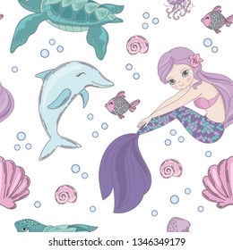 UNDERWATER WORLD Mermaid Princess Girl Underwater  Pattern Vector Illustration